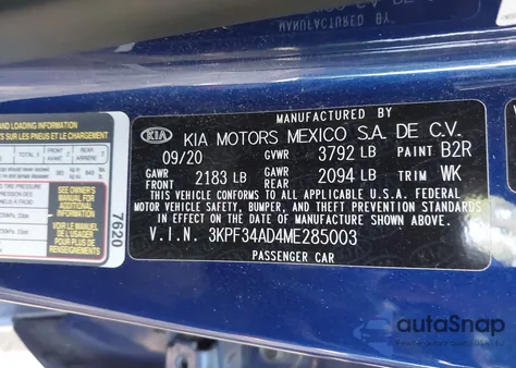 2021 Kia Forte Gt-Line z USA, uszkodzony, nr VIN 3KPF34AD4ME285003